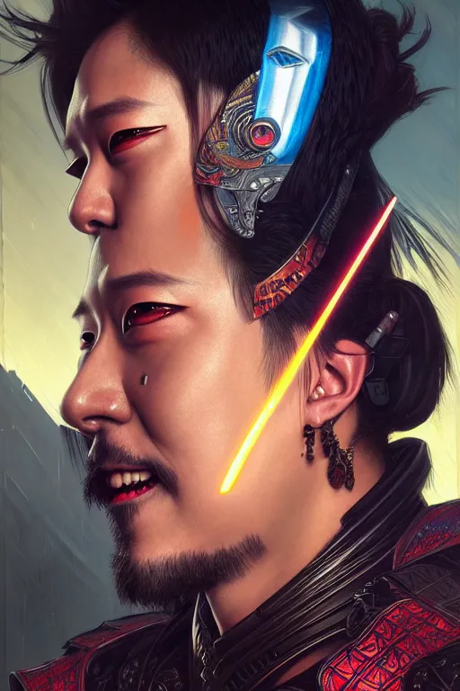 Image similar to painting of got 7 bam bam cyberpunk samurai smiling, ultra realistic, concept art, intricate details, eerie, highly detailed, photorealistic, octane render, 8 k, unreal engine. art by artgerm and greg rutkowski and magali villeneuve and alphonse mucha