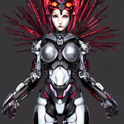 Image similar to a female transformer with a tiara, cruel red eyes, very symmetrical face, highly detailed, nanogirl, nanogirlv 2, quintessa, by vitaly bulgarov, by yoji shinkawa, by joss nizzi, by ben procter, by steve jung, metal gear solid, transformers cinematic universe, deviantart, artstation, unreal engine