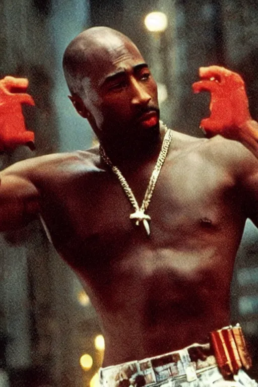 Image similar to film still of Tupac as John McClane in Die Hard, 4k