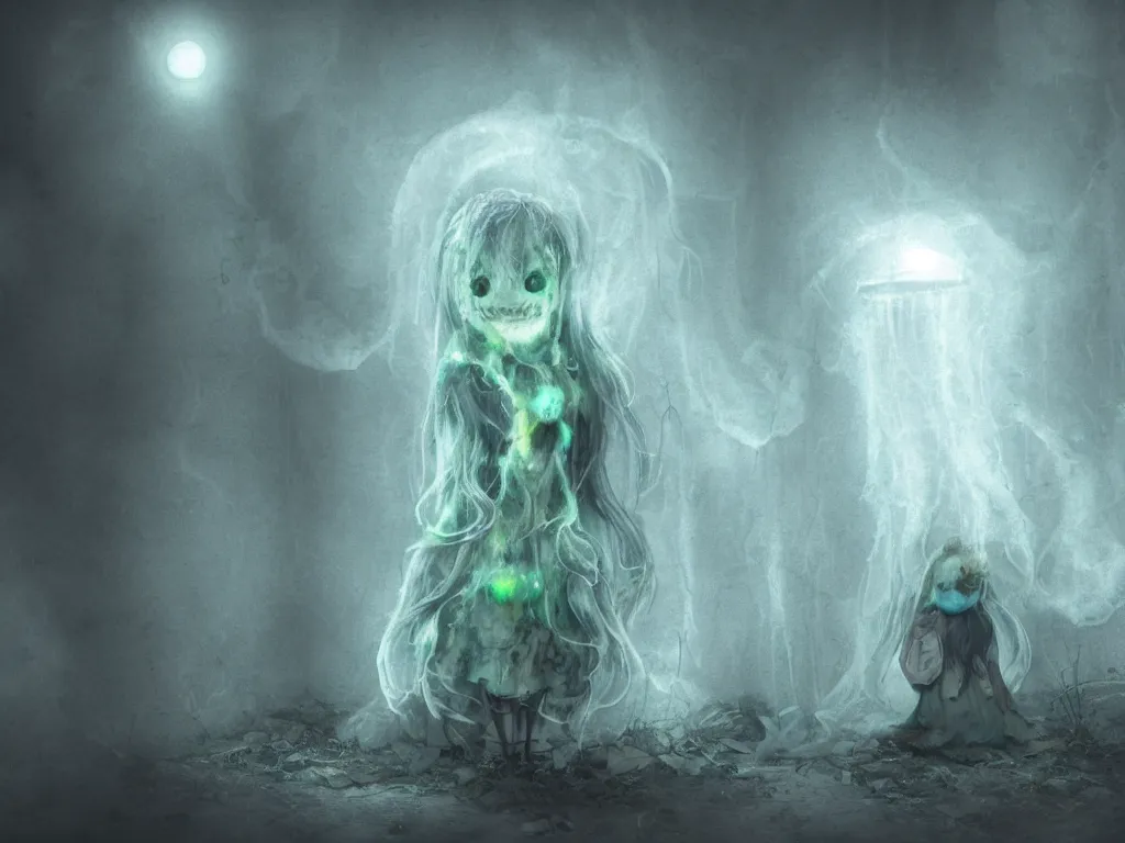 Image similar to cute fumo plush smiling ectoplasmic jellyfish ghost girl lingering in a mysterious concrete organic ruin, technicolor horror, chibi gothic maiden in tattered melting rags, glowing wisps of hazy green smoke and eerie blue volumetric fog swirling about, moonlight, glowing lens flare, vray