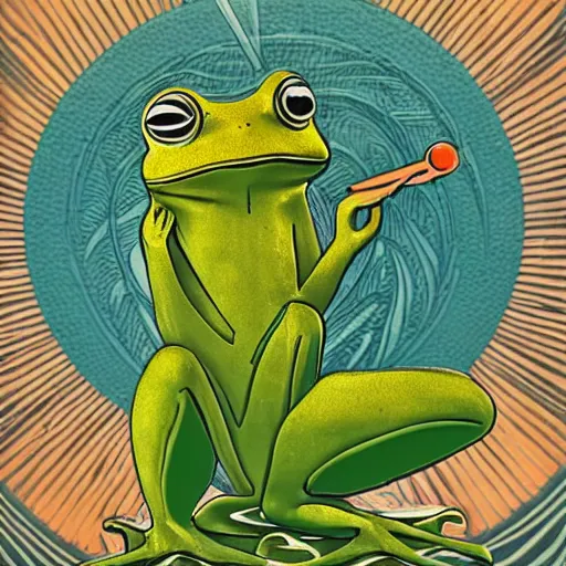 Image similar to art deco frog drinking absinthe on a spaceship