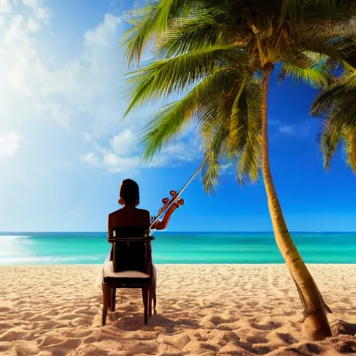 Image similar to violinist on the beach with palm trees blue sky tropical island on horizon