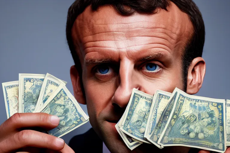 Image similar to close up portrait of emmanuel macron holding bags of money, photograph, natural light, sharp, detailed face, magazine, press, photo, steve mccurry, david lazar, canon, nikon, focus