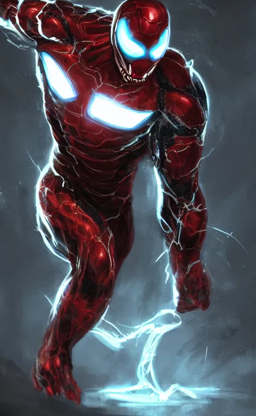 Image similar to venom as ironman, dynamic lighting, photorealistic fantasy concept art, trending on art station, stunning visuals, terrifying, creative, cinematic