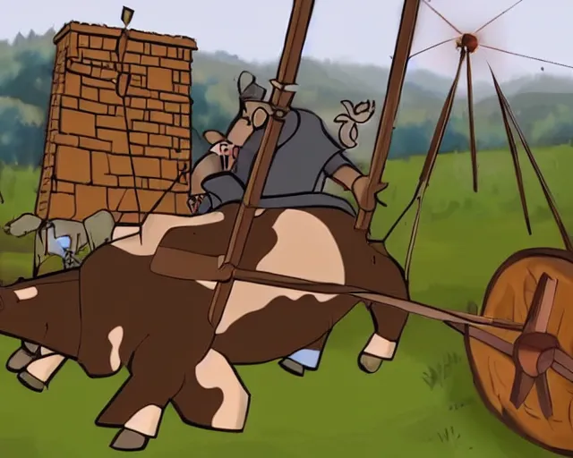 Prompt: A cow getting launched from a trebuchet