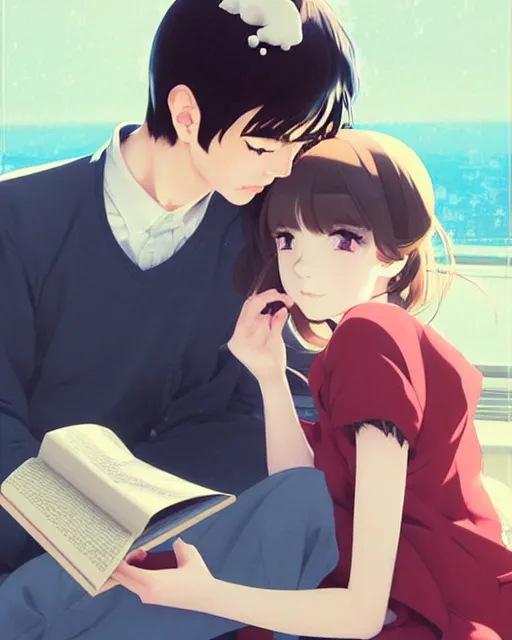 Image similar to cute girl reading book with her boyfriend, shy emotion. | very very anime!!!, fine - face, audrey plaza, realistic shaded perfect face, fine details. anime. very strong realistic shaded lighting poster by ilya kuvshinov katsuhiro otomo ghost, magali villeneuve, artgerm, jeremy lipkin and michael garmash and rob rey