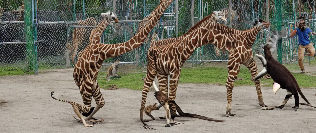 Image similar to a giraffe-monkey-penguin-lizard-hedgehog-spider-tiger-orca attacking a person in a public playground