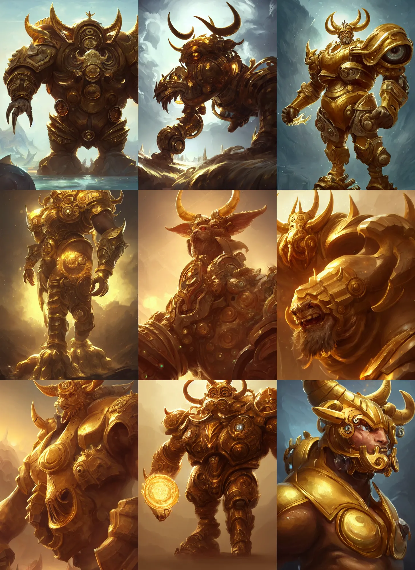 Prompt: a highly detailed illustration of gentle mighty colossal golden horned mechanical giant, with cute doting eyes, intricate, elegant, highly detailed, centered, digital painting, artstation, concept art, smooth, sharp focus, league of legends concept art, wlop.