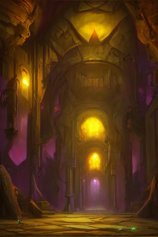 Prompt: a matte painting gothic hallway colorful by, tyler edlin