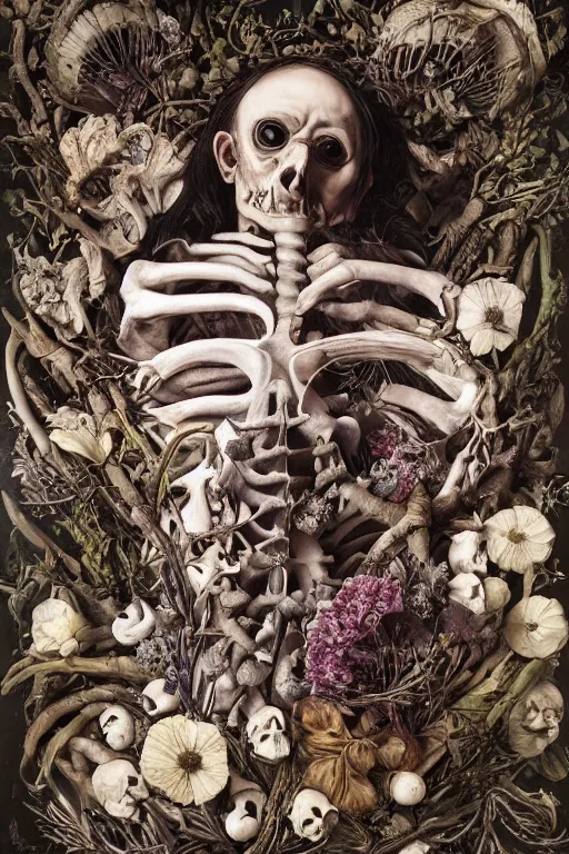 Prompt: a man with large eyes and lips laying in bed of bones of flowers, he feels an existential dread of love, fleshy muscles, HD Mixed media, highly detailed and intricate, surreal illustration in the style of Caravaggio, baroque dark art