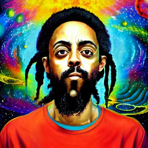 Prompt: a high hyper detailed painting with many complex textures of damian marley making music in the cosmos, cosmic surreal psychedelic magic realism spiritual ufo art