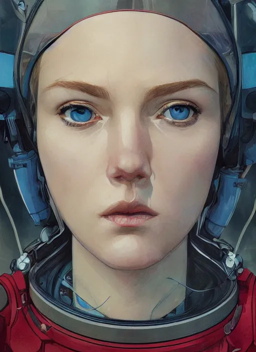 Image similar to a close up on the face of a beautiful woman in a future space suit; highly detailed; pretty blue eyes; pupils; artwork by james jean and Phil noto