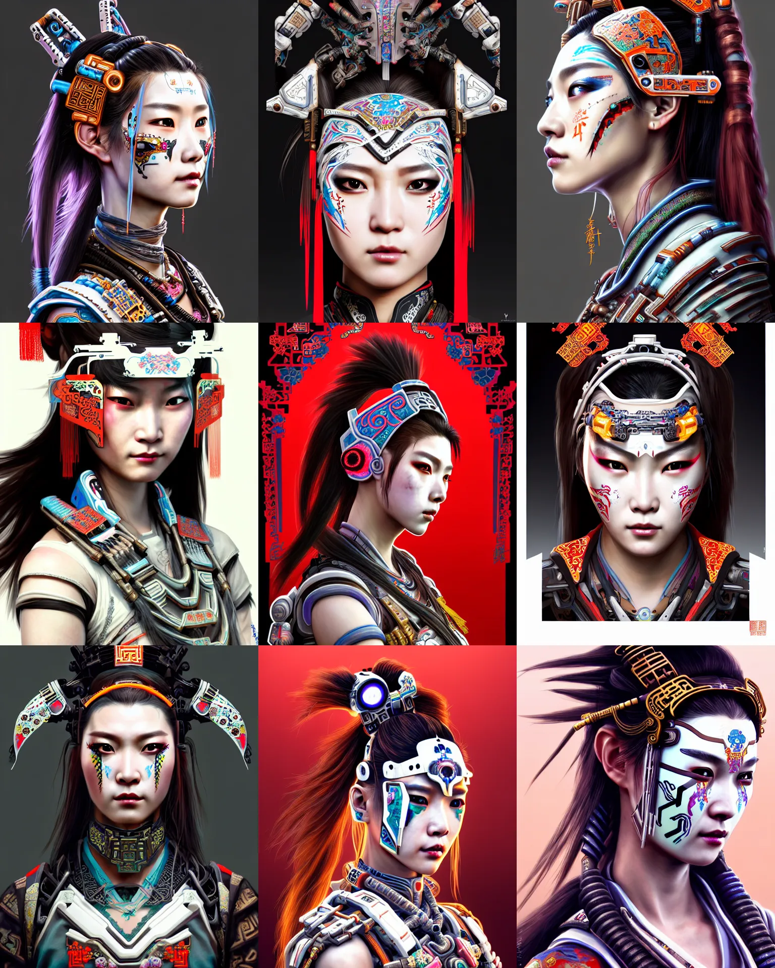 Prompt: upper half portrait of a female with machine head gear cyberpunk face accessories, horizon zero dawn, decorated with chinese opera motifs, royal, fine china, wuxia, traditional chinese art intricate intense elegant highly detailed digital painting artstation concept art smooth sharp focus illustration, art by mike nash and artgerm and alphonse mucha, 8 k
