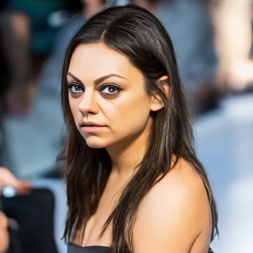 Prompt: Mila Kunis at a fashion show, clothed, XF IQ4, f/1.4, ISO 200, 1/160s, 8K, RAW, unedited, symmetrical balance, in-frame, sharpened