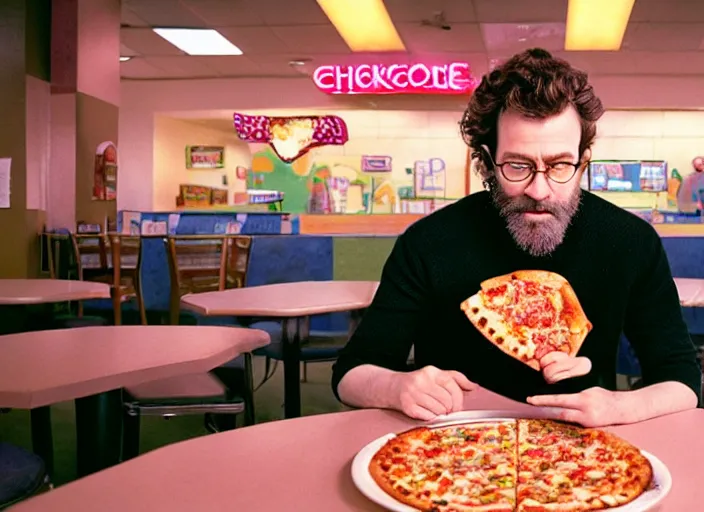 Prompt: cinematic detailed portrait of bearded charlie kaufman eating pizza at chuck - e - cheese, dramatic top down lighting, moody film still from being john malkovich ( 2 0 0 1 ), 3 5 mm kodak color stock, 2 4 mm lens, directed by spike jonze, ecktochrome