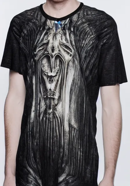 Image similar to henley tshirt inspired by h. r. giger designed by alexander mcqueen