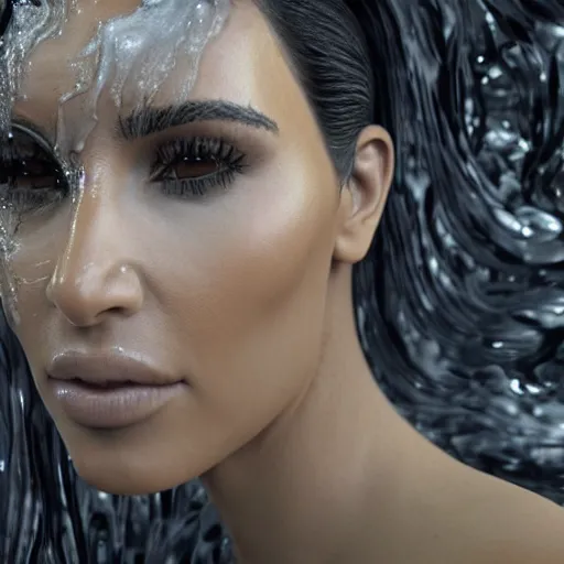 Image similar to epic still of a kim kardashian with trapped in a transparent alien liquid, wet flowing hair, gooey skin, illustration, unreal engine 5, 8 k, made by h. r. giger