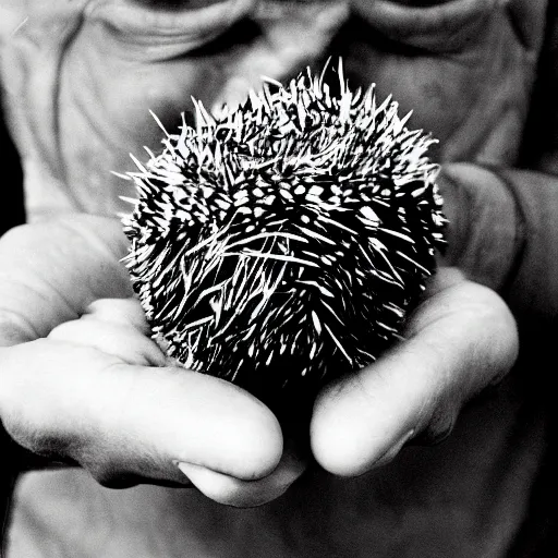 Prompt: Portrait of someone being half human, half potato, half hedgehog, photograph by Annie Lebowitz, very detailed, black and white, 35mm