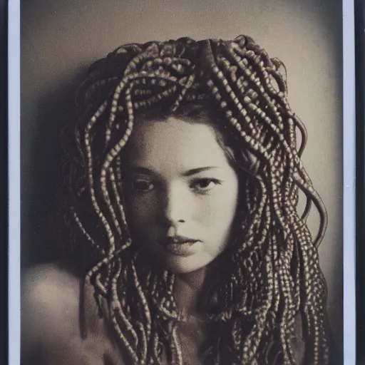 Image similar to a very beautiful old polaroid picture of medusa, award winning photography