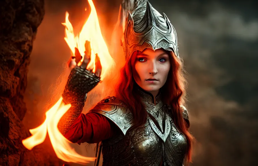 Image similar to 8 k uhd an elven priestess with grey eyes and red hair wearing an armor and casting a fire spell in a dungeon,