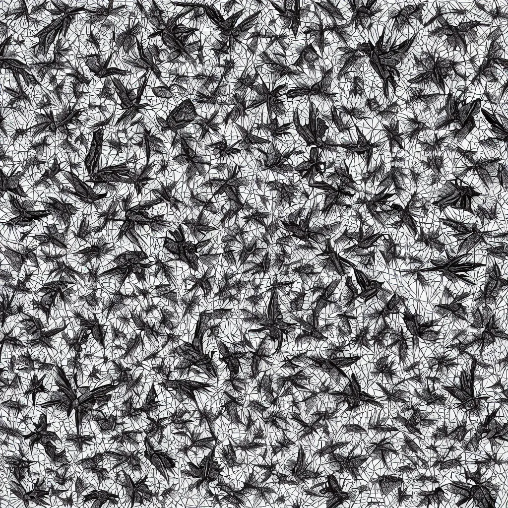 Prompt: MC Escher repeating tesselation of moths, birds, and bats flying through an isometric grid; black and white