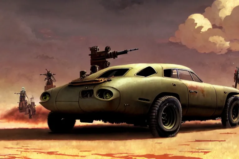 Image similar to dieselpunk mad max studebaker avanti with guns installed, painted by greg rutkowski makoto shinkai takashi takeuchi studio ghibli, akihiko yoshida