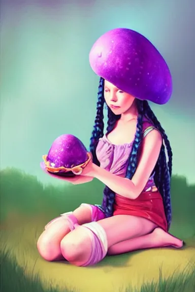 Prompt: a beautiful little girl wearing a mushroom hat sitting on her bed petting a frog in her lap | | purple hair with braids, pretty face, fine details, made by marc simonetti, trending on pixiv, anatomically correct
