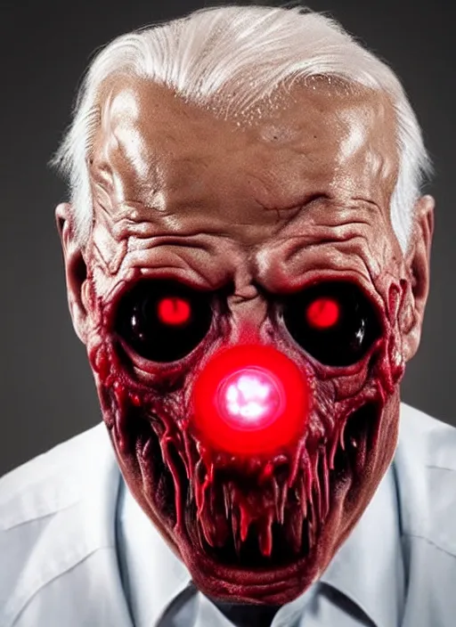 Image similar to hyper realistic terror photo Doom horror furious glowing red eyes biden