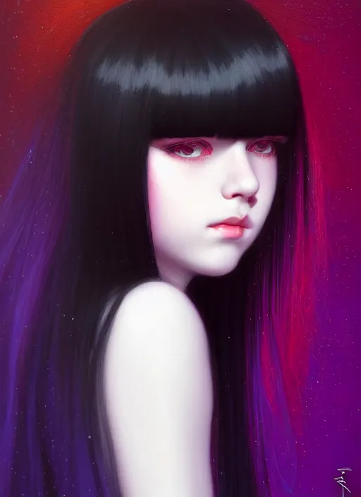 Image similar to hair blackbangs hair, white hair, blackbangswhitehair, portrait of teenage girl with black bangs, red irises, purple clothes, black bangs, bangs are white hair is black, intricate, elegant, glowing lights, highly detailed, digital painting, artstation, concept art, sharp focus, illustration, art by wlop, mars ravelo and greg rutkowski