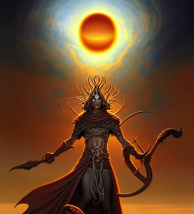 Prompt: a defiler wizard upon the dunes, the dark sun of athas,'dark sun'- campaign setting, brom's dark sun art on a 7 0's style fantasy novel cover, digital painting by brom, amazingly detailed d & d art, concept art, intricate details, beautiful, volumetric lighting, ultrarealistic, cgsociety, artstation