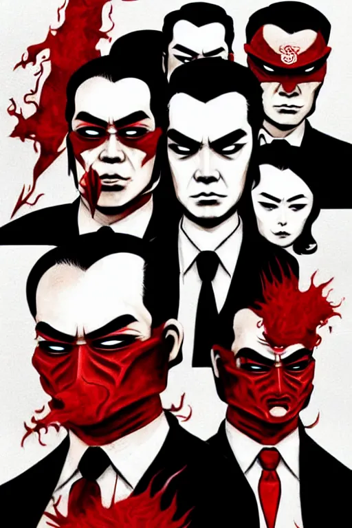 Image similar to chinnese mafia, with black suit and red tissue, some of leader have dragon tatto. digital art, concept art, pop art, bioshock art style, accurate, detailed, gta chinatown art style, dynamic, face features, body features, proportional, ultra realistic, smooth, sharp focus, art by richard hamilton and mimmo rottela