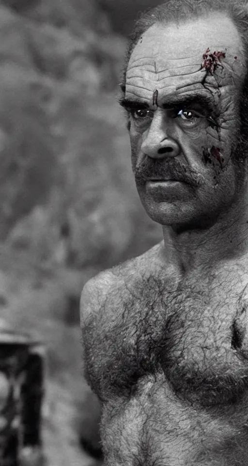 Prompt: an extremely detailed crispy clean 8 k photo close up ultra detailed of zardoz sean connery as a zombie he has all glossy red eyes