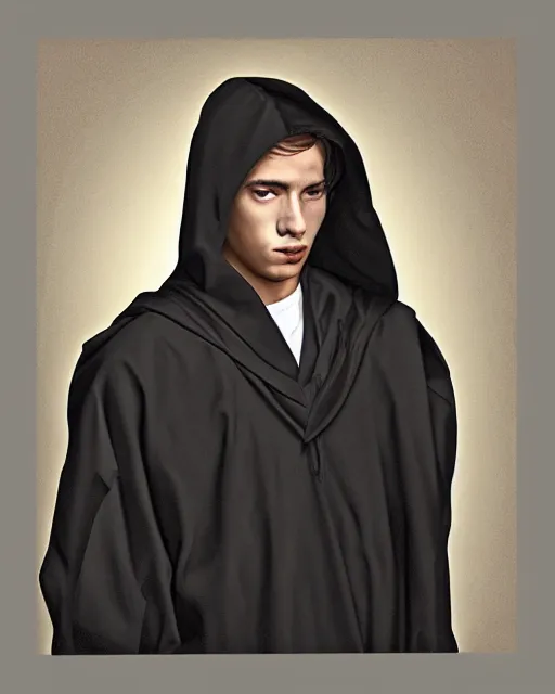 Image similar to digital art portrait of a young man in dark robes, hooded