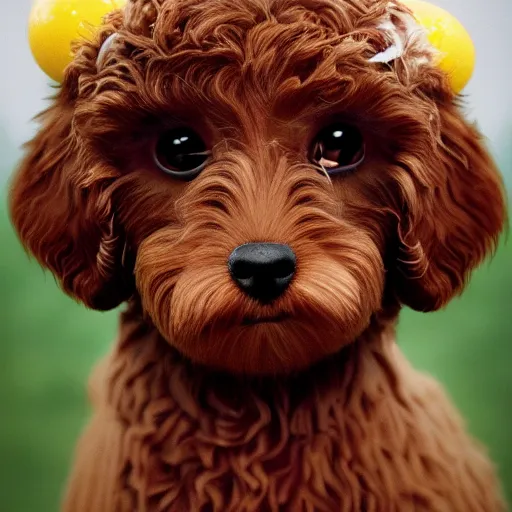 Image similar to brown cavoodle with an egg on its head, cinematic photography, trending on artstation,