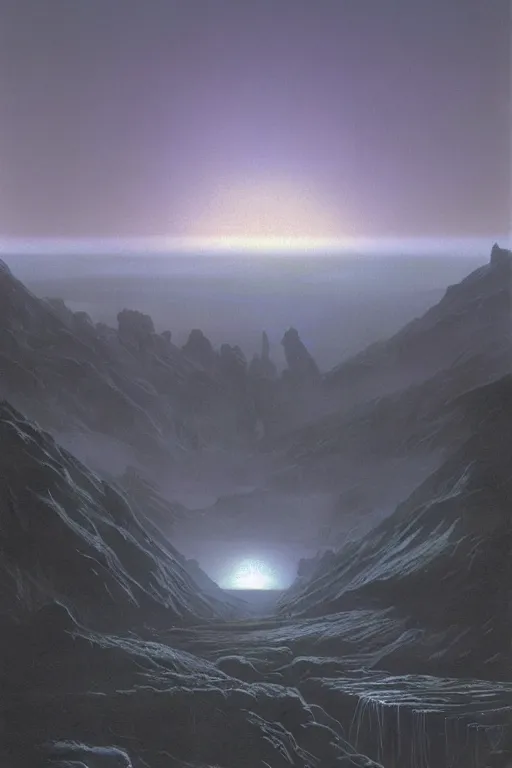 Prompt: ralph mcquarrie, terrence namey, concept art, matte painting, dark epic sci fi landscape dawn mist halo, by dawe gabriel and dean roger