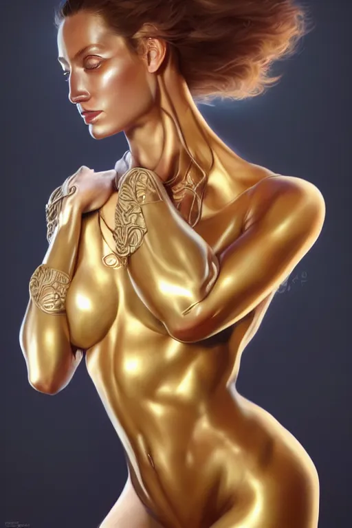 Image similar to bodysuit, reflections, focus, detailed, realistic eyes, symmetric body features proportions, golden ratio face, intricate facial skin details, award winning, trending in cgsociety artstation deviant art, octane render, boris Vallejo and Tom Bagshaw