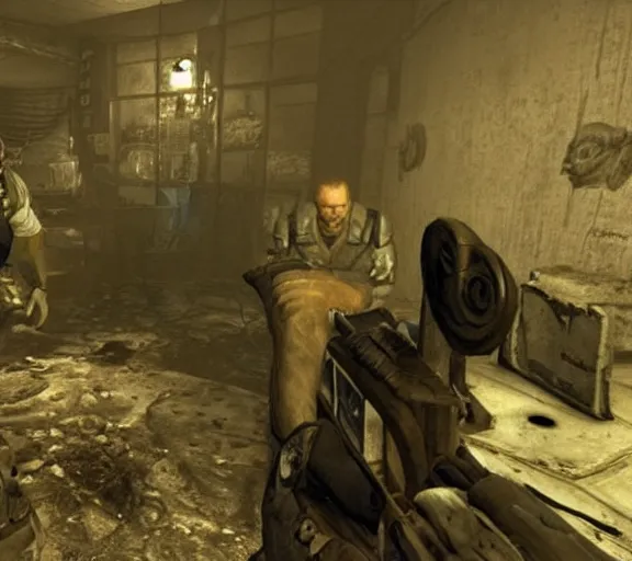 Prompt: Janusz Korwin-Mikke in the centre of a screenshot from the game Fallout: New Vegas (2010), talking to an Doc Mitchell from Fallout: New Vegas (2010)