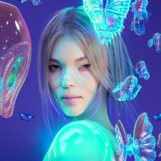 Prompt: a very beautiful glossy glass woman made of transparent glossy glass skin surrounded with glowing butterflies and jellyfish, dreamy hyper realistic beautiful!, rendered by beeple, by makoto shinkai, syd meade, space art concept, sci - fi, digital art, unreal engine, wlop, trending on artstation, 4 k uhd image, octane render