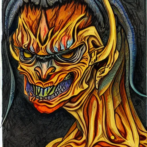 Image similar to photo of an intricately detailed representation of a accurate demon from hell . Colored oils with colored inks.