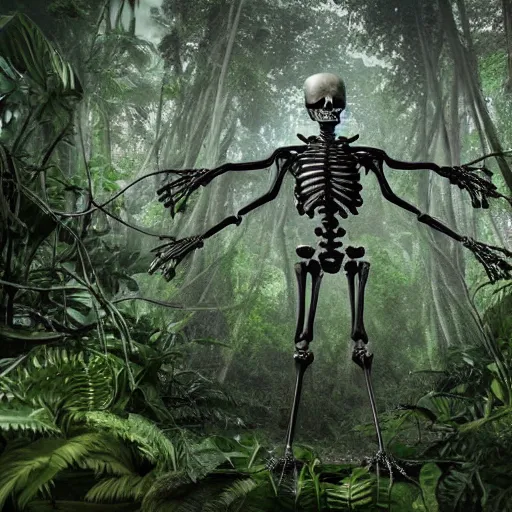 Prompt: giant metal skeleton body in jungle overgrown by plants, photorealistic, dark atmosphere-n4