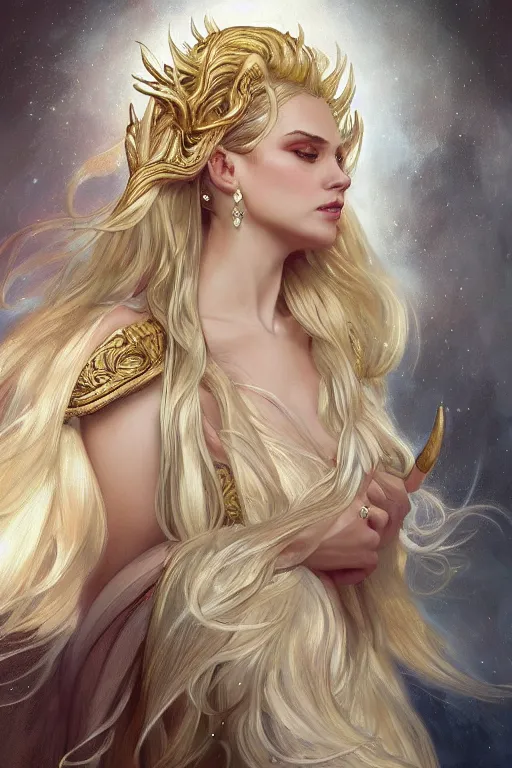 Image similar to fullbody!! of a beautiful woman with long white hair, big natural horns on her head, long flowing intricate dress, gold jewellery, dnd, face, fantasy, intricate, elegant, highly detailed, digital painting, artstation, concept art, smooth, sharp focus, illustration, art by artgerm and greg rutkowski and alphonse mucha