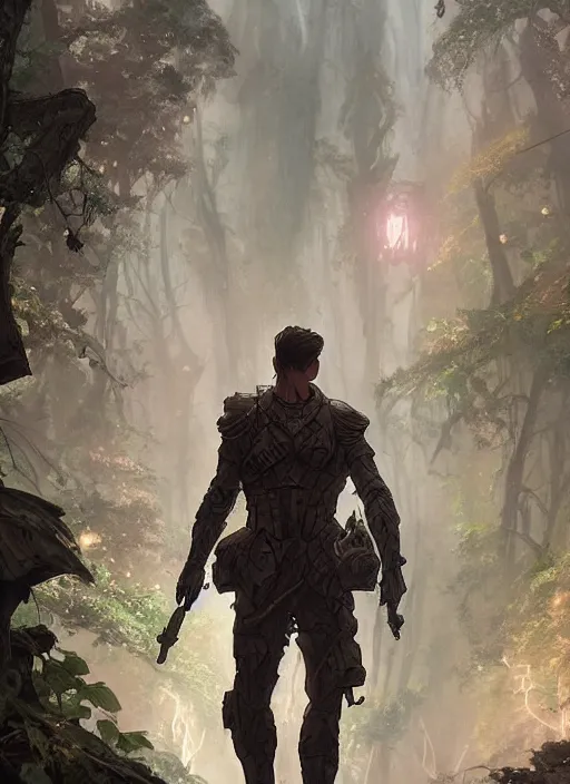 Image similar to a handsome male sci-fi solider exploring a magical rain forest, D&D, fantasy, intricate, cinematic lighting, highly detailed, digital painting, artstation, concept art, smooth, sharp focus, illustration, art by Terry Moore and Greg Rutkowski and Alphonse Mucha