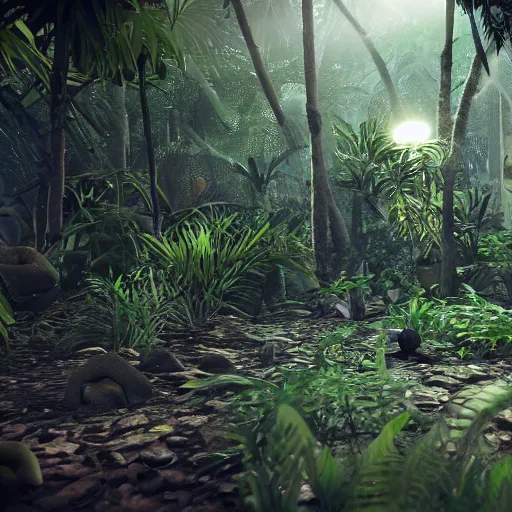 Image similar to « dark jungle, group of persons exploring with lamps, far view, unreal engine 5, photorealistic »