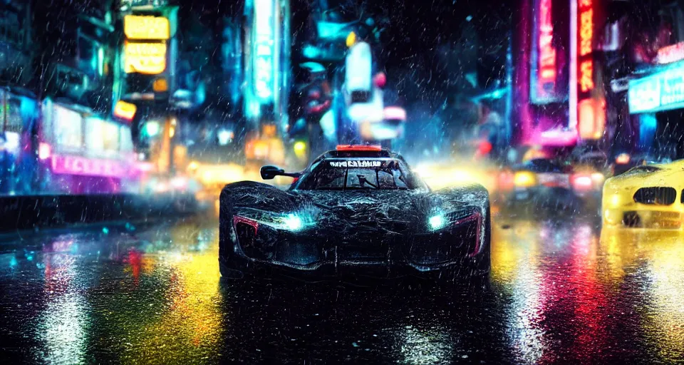 Image similar to close up macro shot of a racing car on wet city street at night, intricate, hyper detailed, smooth, high contrast, neon, volumetric lighting, octane, moebius, greg rutkowski, blade runner, ripley scott, cindmatic