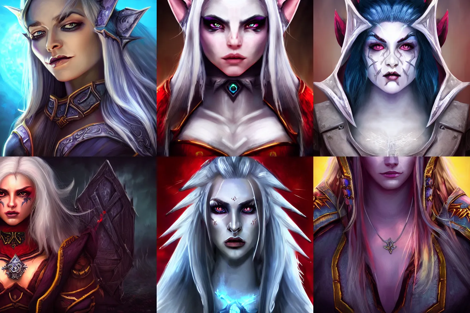 Prompt: a warcraft necromancer character, symmetrical female face game portrait, long white hair, spiky elf ears, ultra HD, hand painted style, ambient light background, rim light on character, toned colours, red clothes, light skin