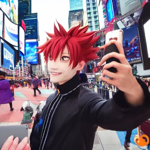 Image similar to hisoka taking a selfie at times square, high quality