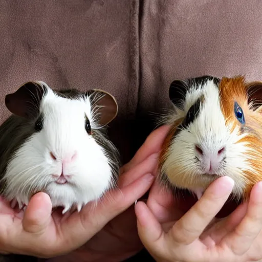 Prompt: Realistic guinea pigs with human hands in a white room