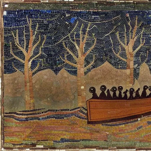 Image similar to A beautiful photograph of a coffin being carried by six men through an ethereal, otherworldly landscape. The coffin is adorned with a relief of a skull and crossbones, and the men are all wearing hooded cloaks. The landscape is eerie and foreboding, with jagged rocks and eerie, glowing plants. in Ancient Egypt, roman mosaic by Francesca Woodman, by Malcolm Liepke, by Mark Lague elaborate