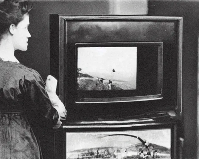 Image similar to 1 9 0 0 s photo of a person watching a flat screen hd tv