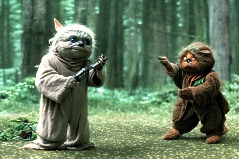 Prompt: furry yoda fighting a slimy ewok, still from star wars film 1 9 7 0